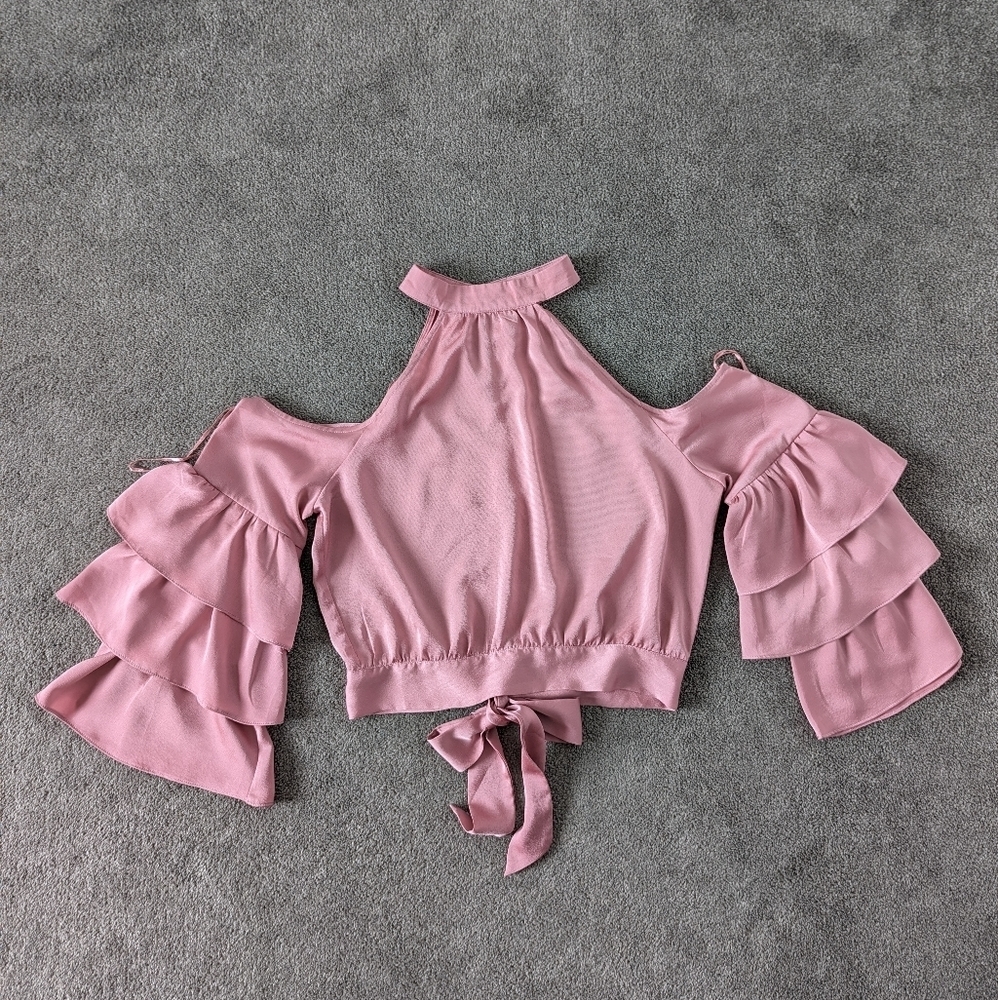 Chic Blush Pink Ruffle Sleeve Crop Top by Jealous Tomato - Size L
